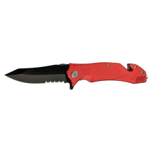 Bison River Rescue Knife with stainless steel blade, glass breaker and setbelt cutter.